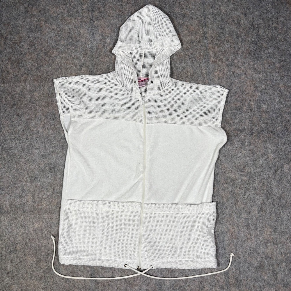 Deb Mesh Trim Sleeveless Hoodie Womens Medium White Zip Up Vintage 90s Vest